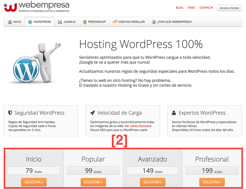 Precio y servicios de hosting Webempresa para instalar wordpress