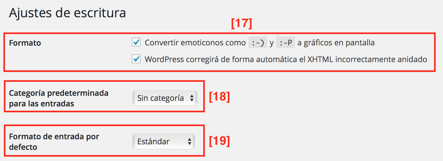 ajustes de escritura en el tutorial sobre cómo configurar wordpress